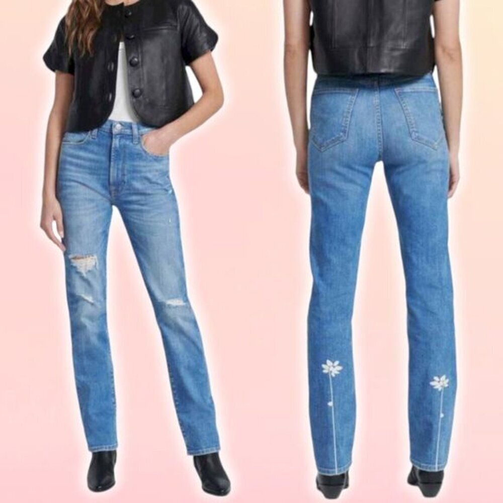 NWT 7 FOR ALL MANKIND Easy Slim High Rise Floral Print Jean Sz 25 Destroyed